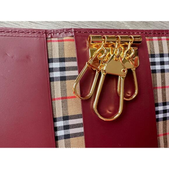 Burberry Burgundy Leather Key  Holder with Nova Check Accents - Picture 10 of 13